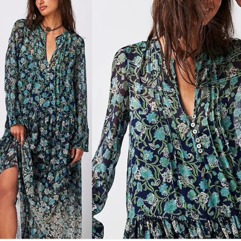 Free People Sz S See It Through Floral Dress Twilight Blue Boho Retro Western